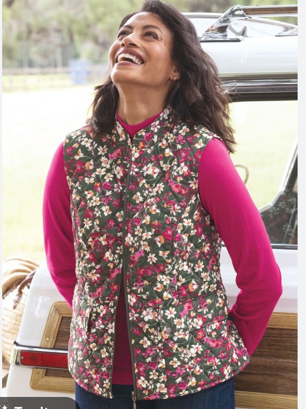 APPLESEED’S S Green Pink Floral Reversible Quilted Vest Pink Turtleneck 2pc Set